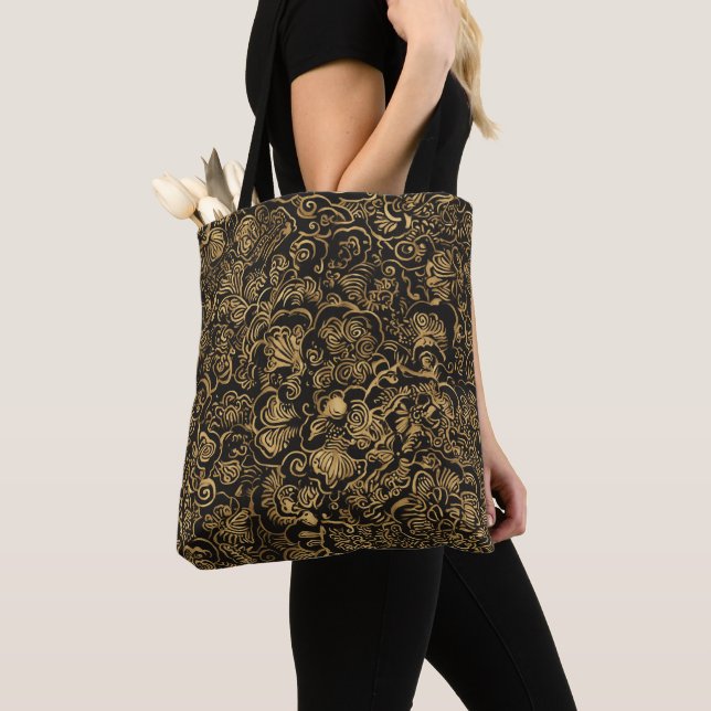 Gold Floral Baroque Pattern on Black Tote Bag (Close Up)