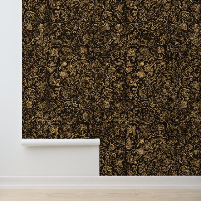 Gold Floral Baroque Pattern on Black Wallpaper (Application)