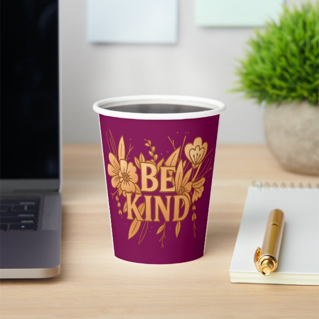 Gold Floral “Be Kind” Paper Cup – 8oz Custom Party (Insitu)