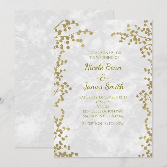 Gold Floral Berries Elegant Wedding Invitations (Front/Back)