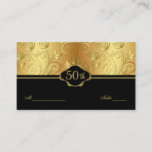Gold Floral Black 50th Wedding Reception Place Car Card