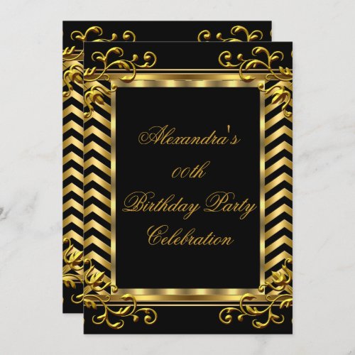 Gold Floral Black Chevron Elegant Birthday Party Invitation