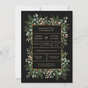 Gold Floral Black Christmas Wedding Invitation