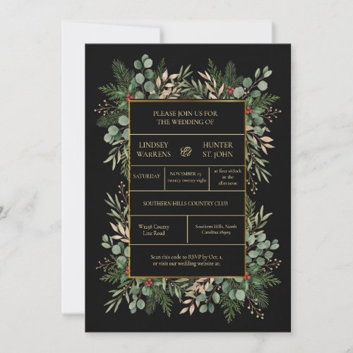 Gold Floral Black Christmas Wedding Invitation