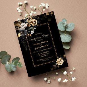 Gold Floral Black Engagement Party Invitation