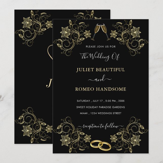 Gold Floral Black Golden Wedding Invitation (Front/Back)