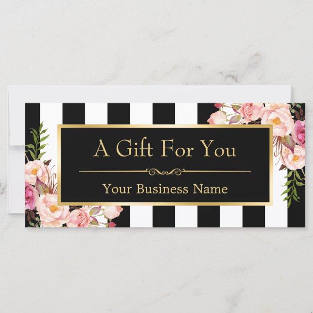 Gold Floral Black White Stripes Gift Certificate (Front)