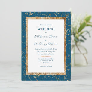 Gold Floral Blue Modern Wedding  Invitation