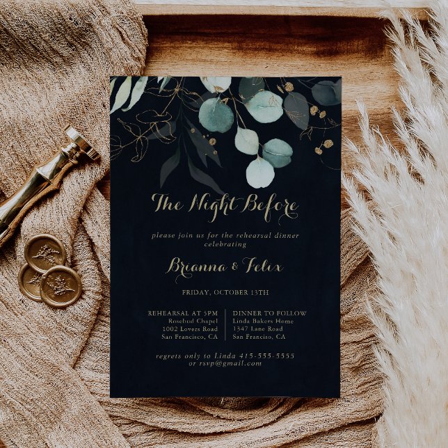 Gold Floral Blue Night Before Rehearsal Dinner  Invitation (Creator Uploaded)