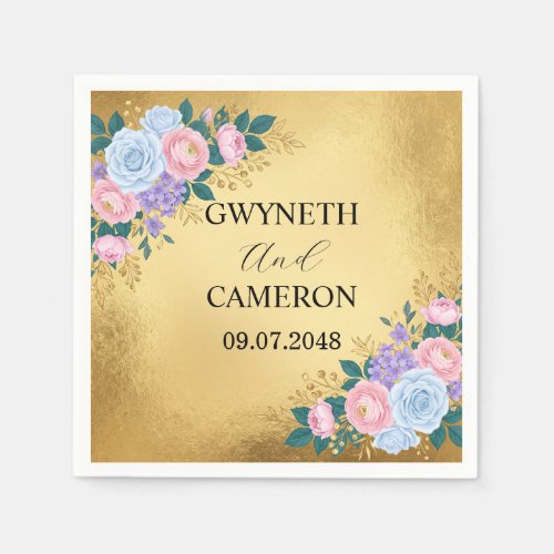 Gold Floral Blue Pink Wedding Napkins