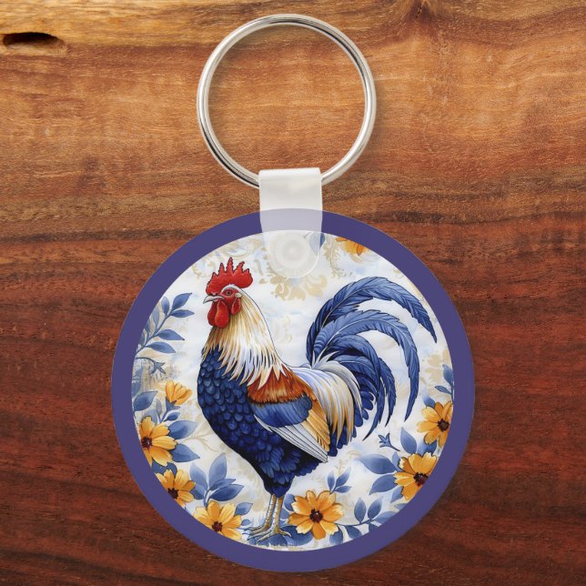 Gold Floral Blue Rooster Farmhouse Keychain (Front)