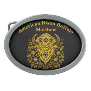 Gold Floral Bold Bison Art With Detail Belt Buckle