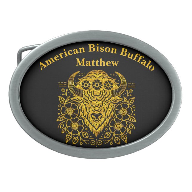 Gold Floral Bold Bison Art With Detail Belt Buckle (Front)