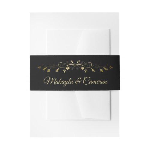 Gold Floral Border on Black Elegant Wedding Invitation Belly Band