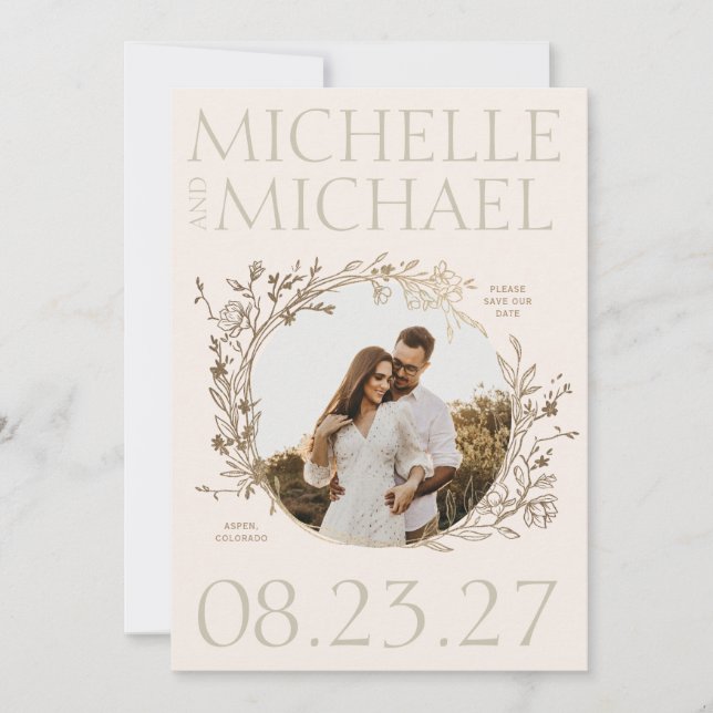 Gold Floral Border Photo Save The Date Card (Front)