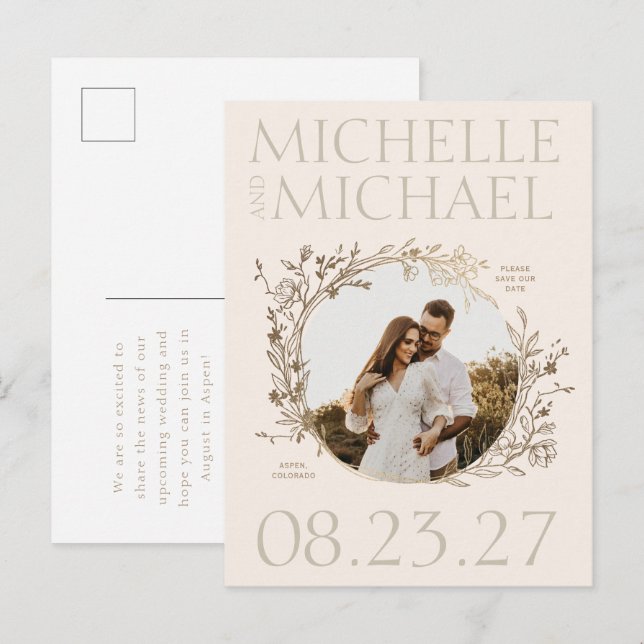 Gold Floral Border Photo Save The Date Postcard (Front/Back)