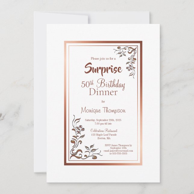 Gold Floral Border Surprise 50th Birthday Dinner Invitation (Front)