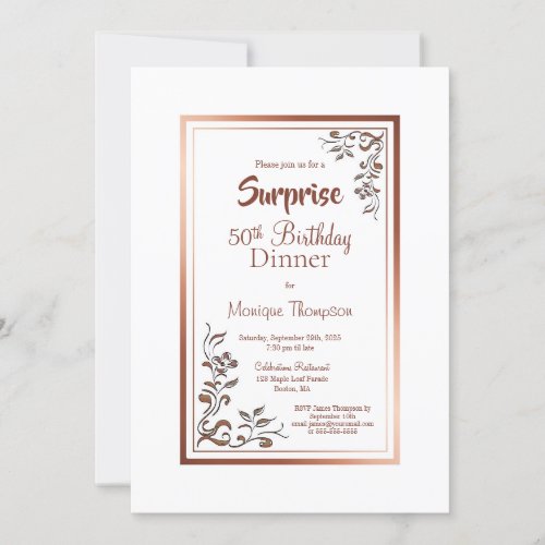 Gold Floral Border Surprise 50th Birthday Dinner Invitation