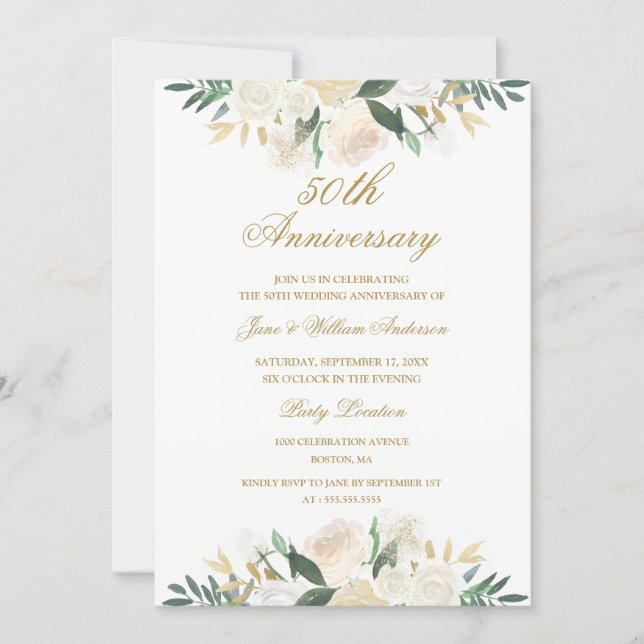 Gold Floral Botanical 50th Wedding Anniversary Invitation (Front)