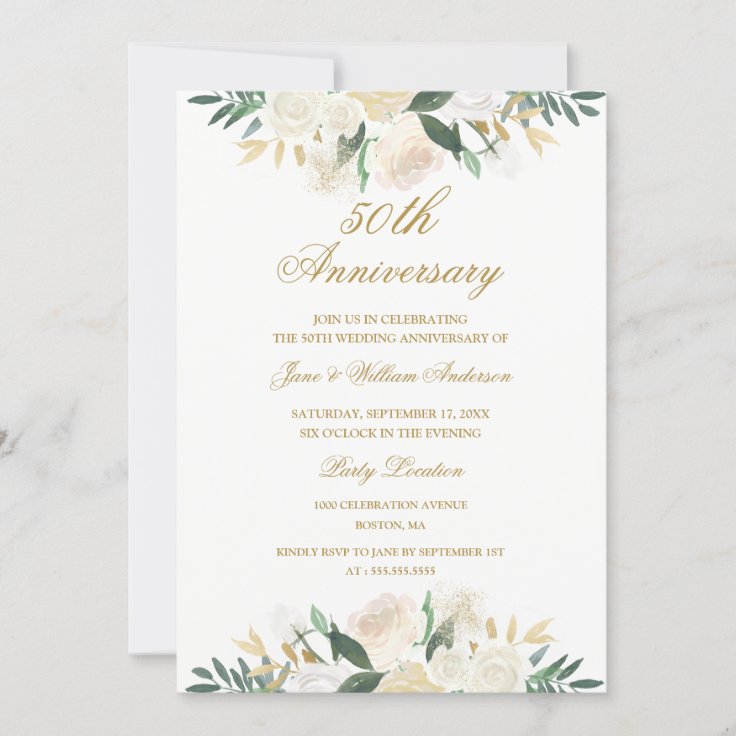 Gold Floral Botanical 50th Wedding Anniversary Invitation | Zazzle