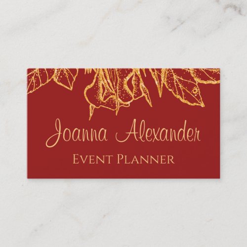 Gold Floral Bouquet and Dark Red Business Card