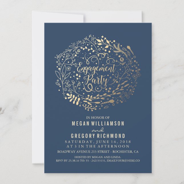 Gold Floral Bouquet Navy Engagement Party Invitation (Front)