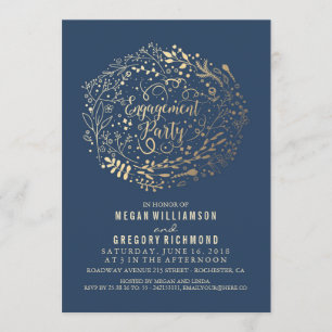 Gold Floral Bouquet Navy Engagement Party Invitation