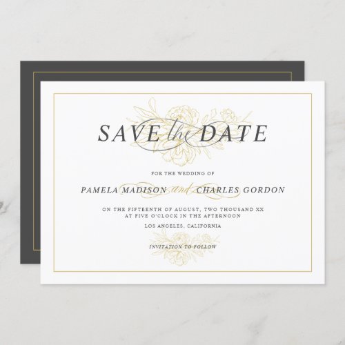 Gold floral bouquet outline elegant typography invitation