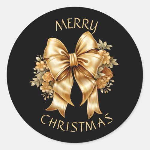 Gold Floral Bow on Black Christmas Sealer Classic Round Sticker