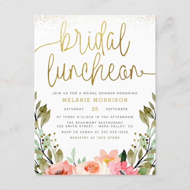 Gold Floral Bridal Luncheon Bridal Shower Invitation Postcard Zazzle
