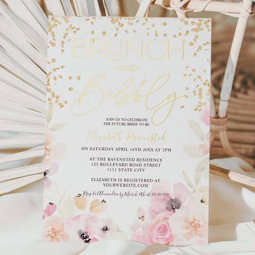 Gold floral brunch bubbly bridal shower foil invitation