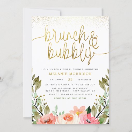 Gold Floral Brunch & Bubbly Bridal Shower Invitation | Zazzle