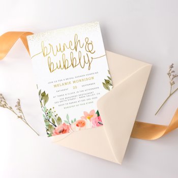 Gold Floral Brunch & Bubbly Bridal Shower Invitation by Cali_Graphics at Zazzle