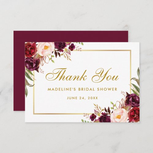 Gold Floral Burgundy Bridal Shower Thanks SB Thank You Card