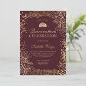 Gold floral burgundy photo Tiara chic Quinceañera Invitation (Standing Front)