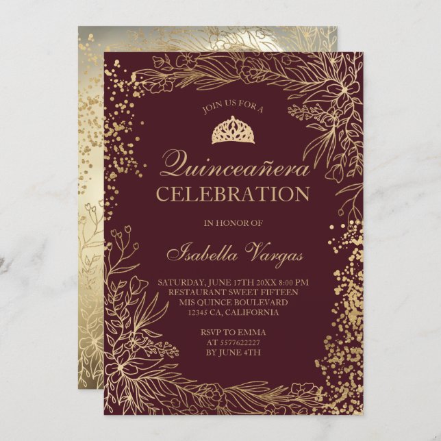 Gold floral burgundy photo Tiara chic Quinceañera Invitation (Front/Back)
