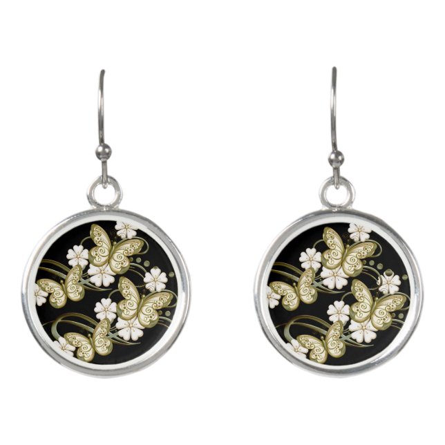 Gold Floral Butterflies Earrings (Front)