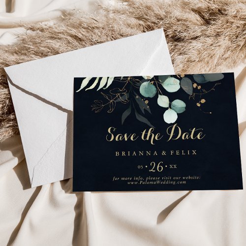 Gold Floral Calligraphy Blue Horizontal Wedding  Save The Date