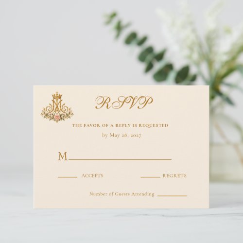Gold & Floral Catholic Marian Cross Wedding RSVP Card