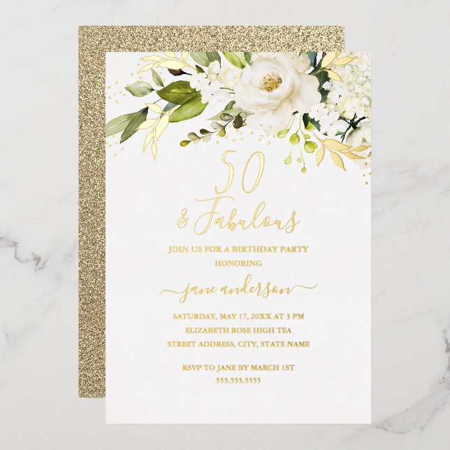 Gold Floral Champagne 50 & Fabulous Birthday  Foil Invitation (Front/Back)