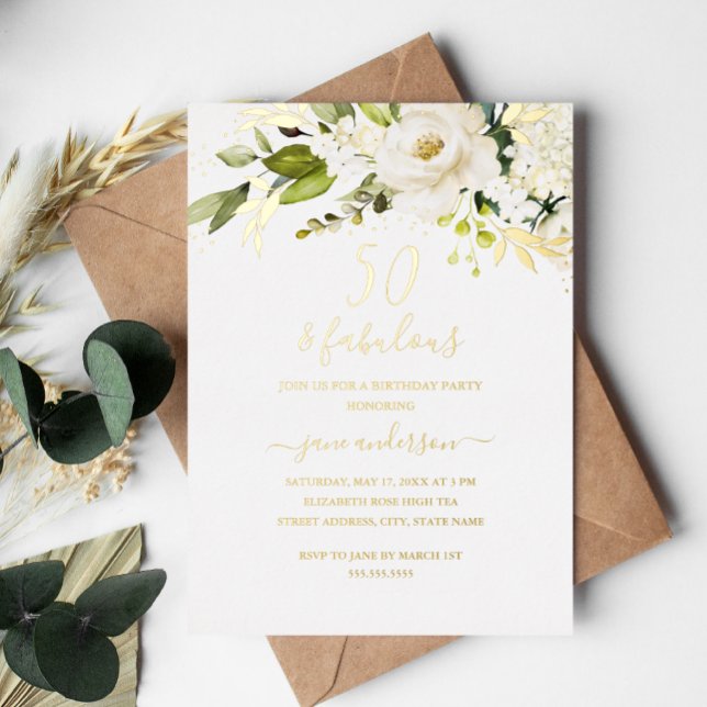 Gold Floral Champagne 50 & Fabulous Birthday  Foil Invitation (Creator Uploaded)