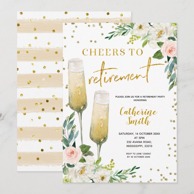 Gold Floral Cheers to Retirement invitation (Front/Back)
