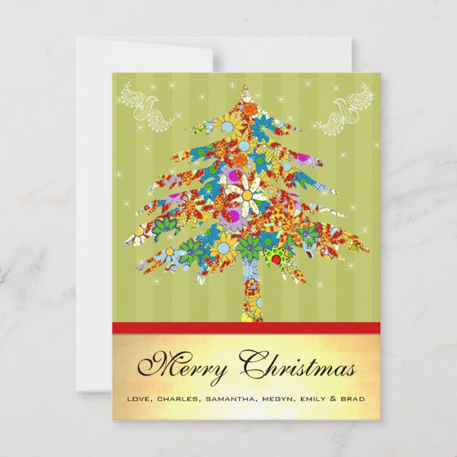 Gold Floral Christmas Tree with Stars Holiday Card (Front)