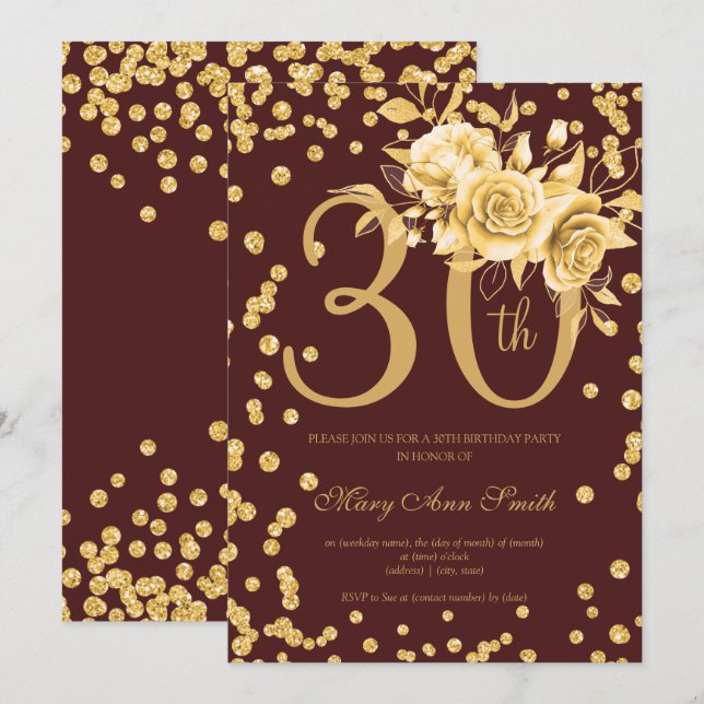 Gold Floral & Confetti 30th Birthday Burgundy  Invitation (Front/Back)