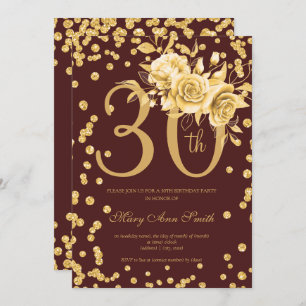 Gold Floral & Confetti 30th Birthday Burgundy  Invitation