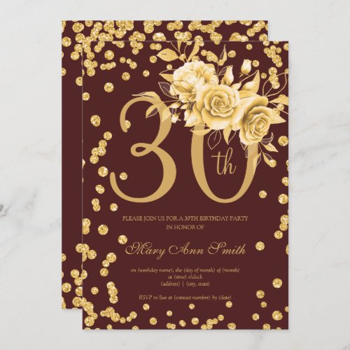 Gold Floral  Confetti 30th Birthday Burgundy  Invitation