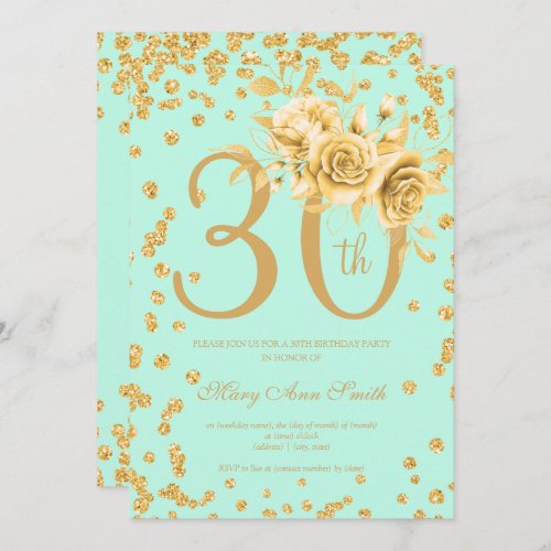 Gold Floral  Confetti 30th Birthday Mint  Invitation