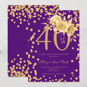 Gold Floral & Confetti 40th Birthday Party Purple Invitation