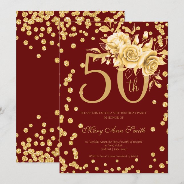 Gold Floral & Confetti 50th Birthday Burgundy  Invitation (Front/Back)