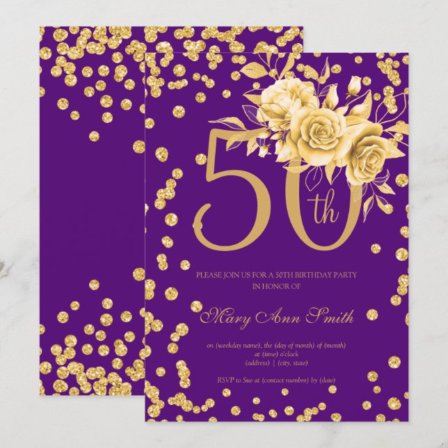 Gold Floral & Confetti 50th Birthday Purple  Invitation (Front/Back)